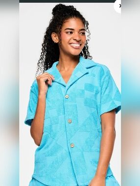 Aqua Textured Terry Short Sleeve Button Shirt